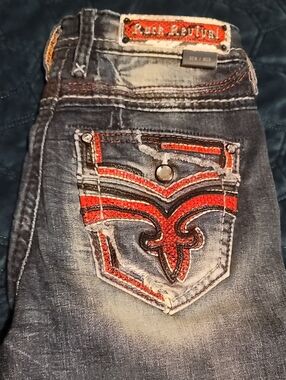 Rock Revival Women’s Dark Wash Jeans with Red Embroidered Pocket